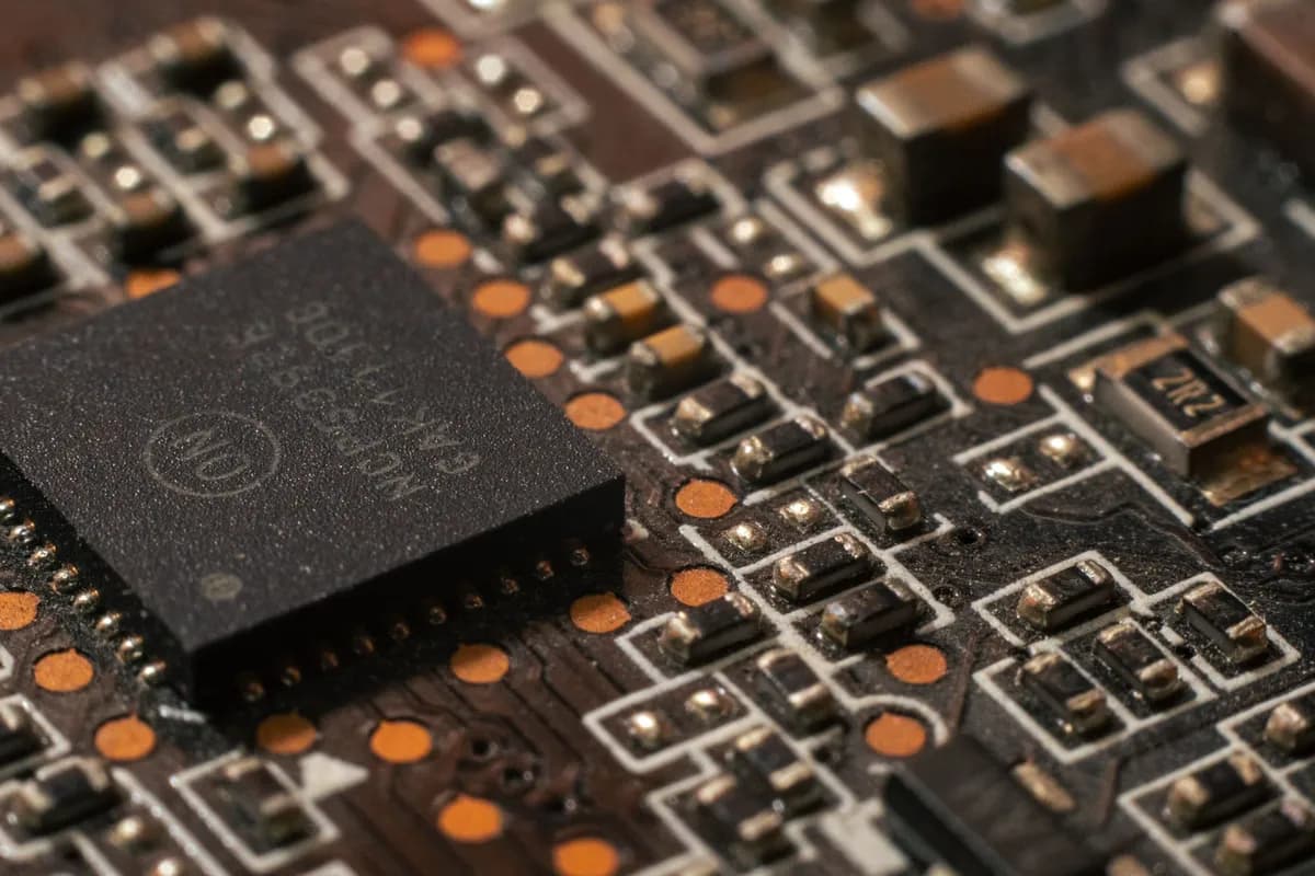 Nahaufnahme einer Leiterplatte mit Chip und Bauteilen