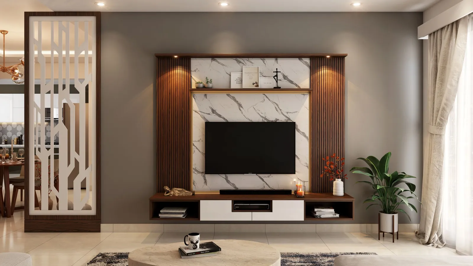 Flachbildfernseher an einer Wohnwand mit Marmoroptik in einem modernen Wohnzimmer