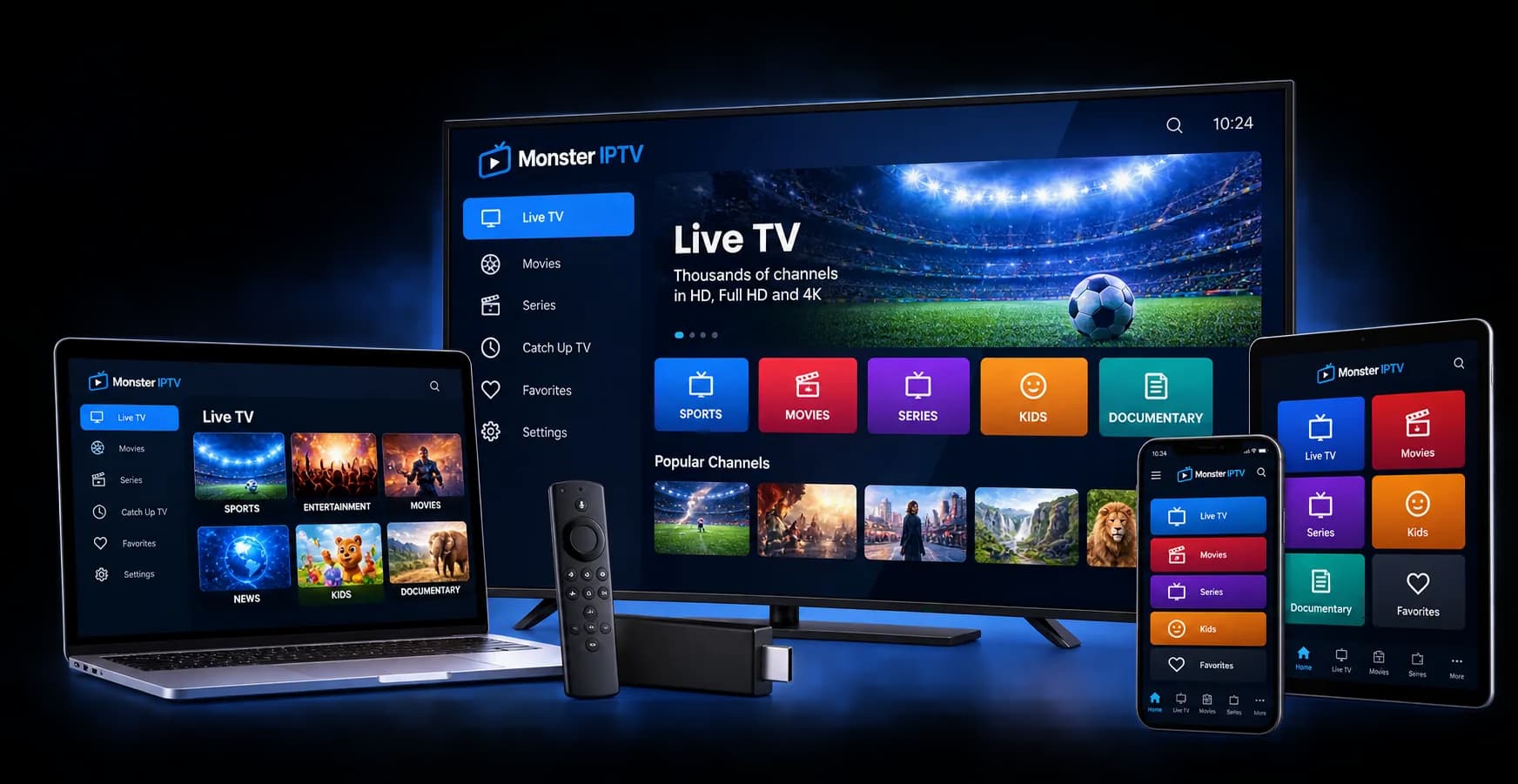 Monster IPTV App auf Fernseher, Laptop, Tablet und Smartphone, davor eine Fernbedienung und ein Streaming-Stick