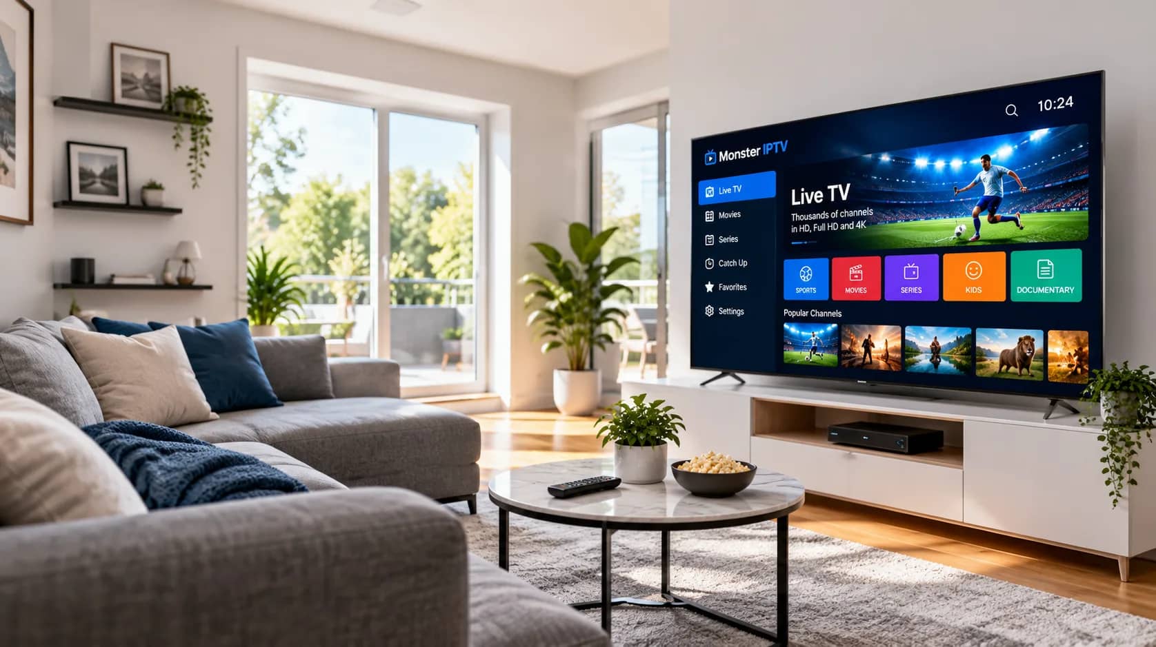 Monster IPTV App mit Live-TV-Menü auf einem großen Fernseher in einem hellen Wohnzimmer, davor Sofa und Couchtisch mit Fernbedienung