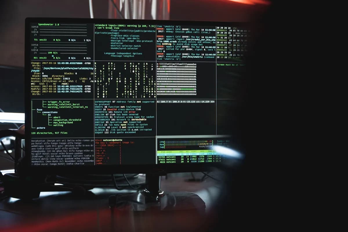 Monitor mit Terminal-Fenstern und Netzwerkdaten in einem abgedunkelten Raum